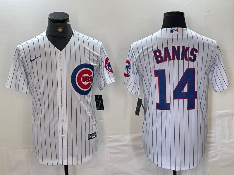 Men Chicago Cubs 14 Banks White Stripe 2024 Nike Game MLB Jersey style 1